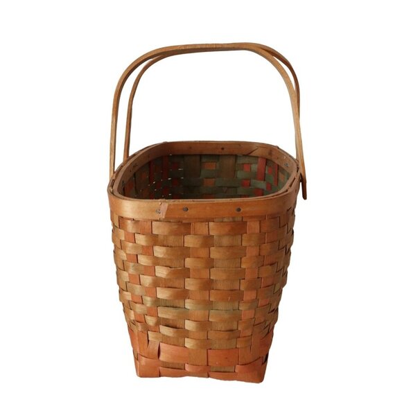 Rustic Market Basket Vintage Splint Wood Open Top Picnic Hamper Double Swing-Ha - Picture 2 of 7